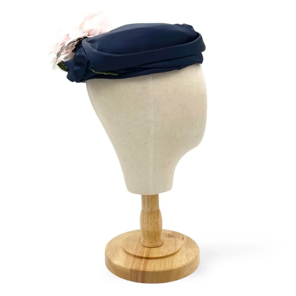 Vintage 1950s Navy Blue Hat Pink Flower Trim Size 22 1/2 Pillbox Fascinator - Picture 10 of 15